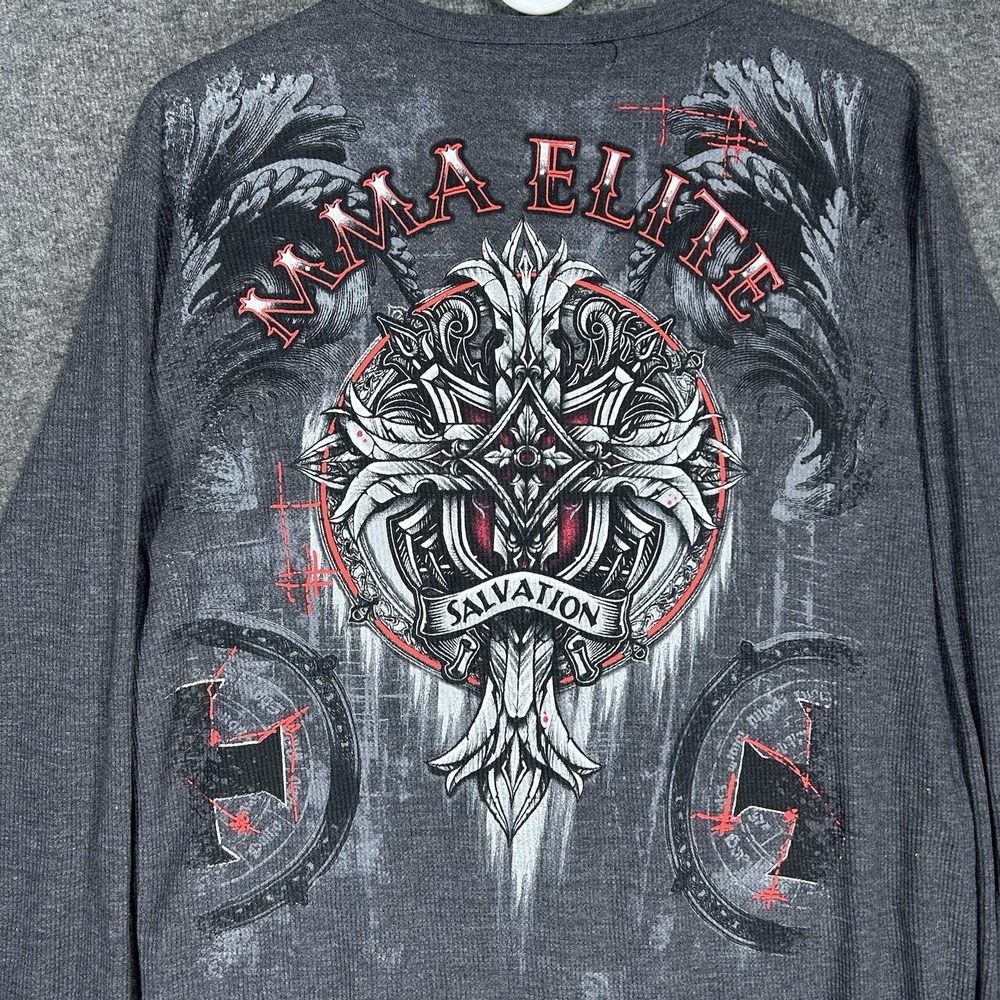Vintage Y2K MMA Elite Shirt Mens L Gray Thermal Waffle knit Cross Goth